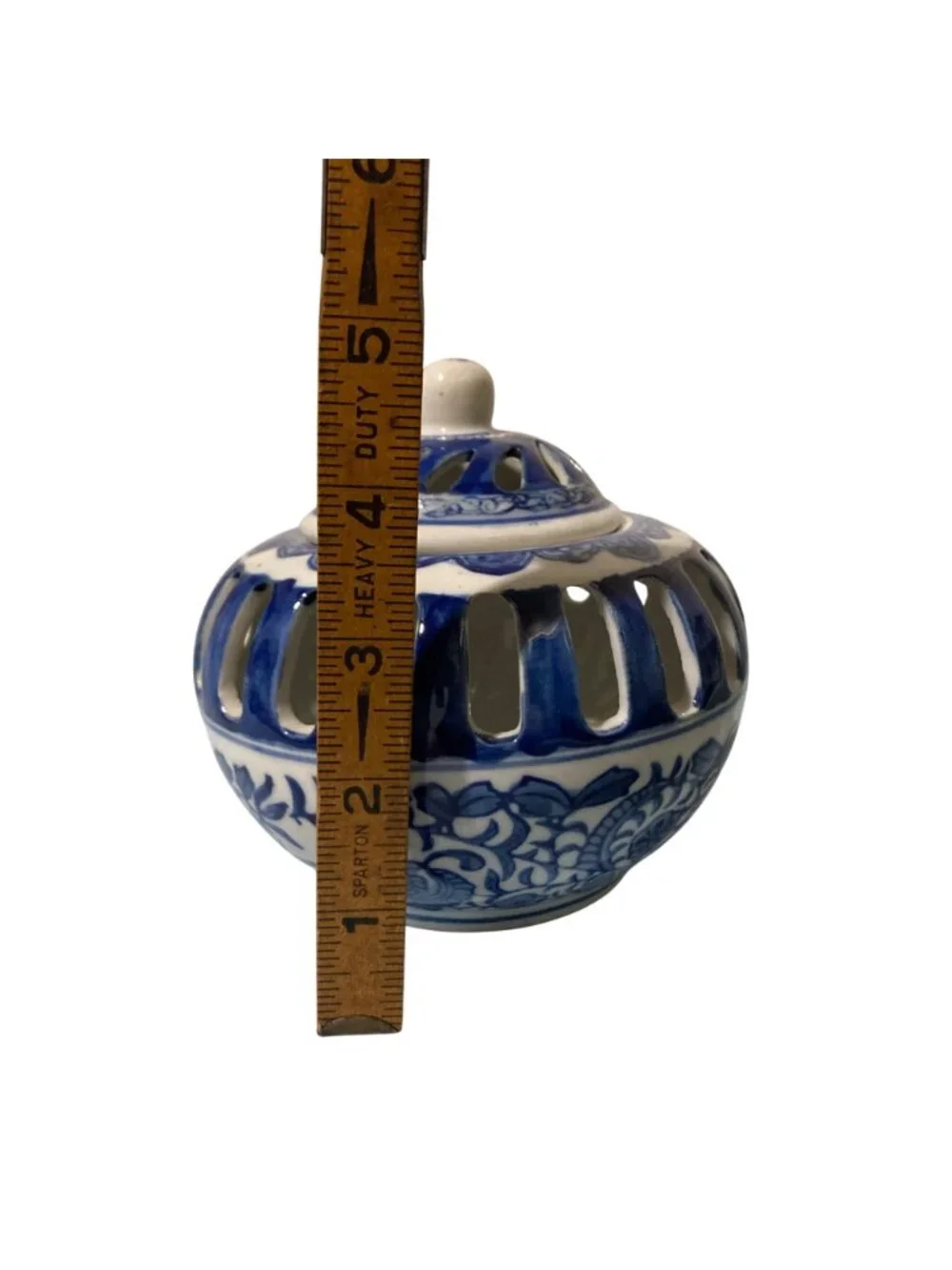 Vintage Blue and White Pierced Porcelain Chinoiserie Potpourri Vessel with Lid